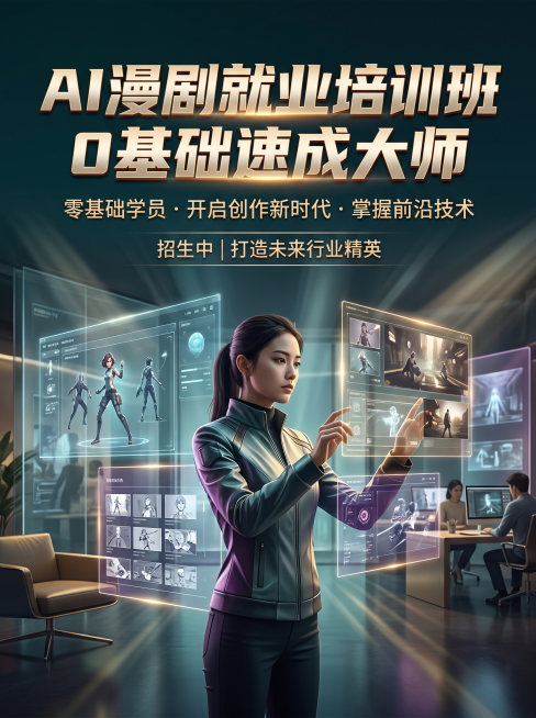 我是做AI漫剧培训机构的，帮我出一套小红书的图，比例是3:4，第一张封面突出：AI漫剧就业培训班，0基础速成大师，后面1张是AI漫剧课程内容大纲，以及1张作品集，风格是大气的好莱坞大片风格，颜色为高级预览效果