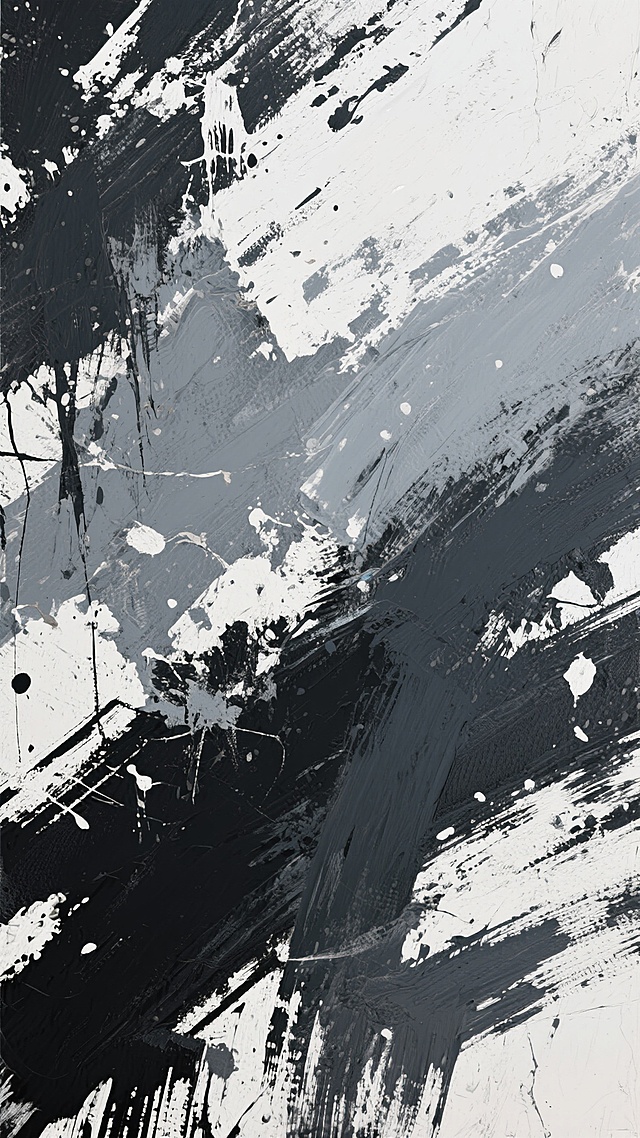 黑白灰三色构成的抽象艺术背景，具有强烈的手绘质感，由厚重的笔触和粗糙的纹理组成，呈现出不规则的刮痕、涂抹和飞溅效果，整体风格偏向工业风与复古感，色调从深灰到浅灰渐变过渡，带有斑驳的白色痕迹，营造出一种粗犷而富有层次感的视觉效果，适合作为背景使用。