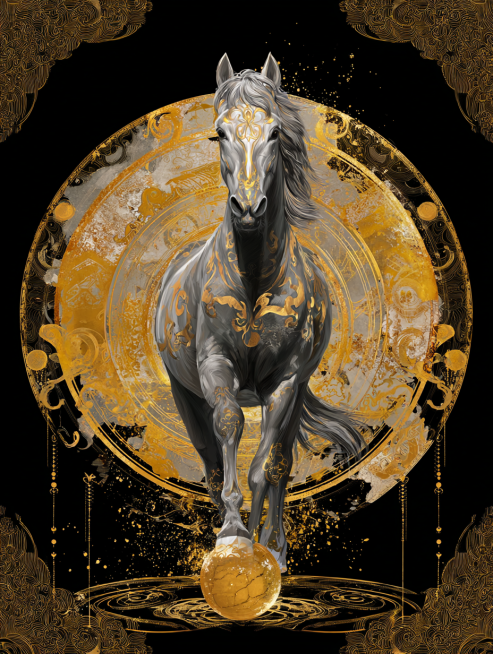 1. 空间与构图
核心布局：统一采用中心聚焦式构图，生肖马始终为视觉核心，金色能量核心（新春祥瑞金球）为第二锚点，确保视觉重心稳定；马的姿态需体现 “虔诚联结”（前蹄轻踏核心），呼应龙马精神的奋进感。预览效果