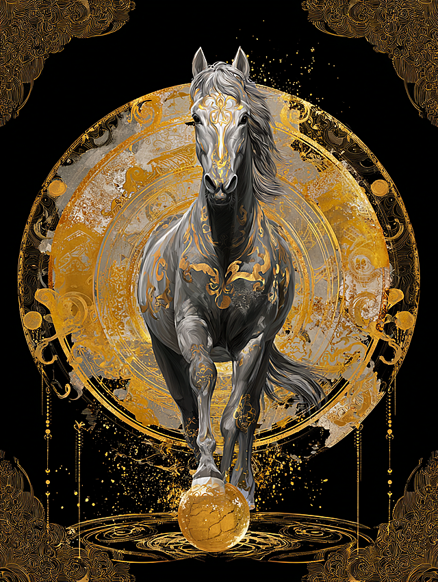 鎏金浮雕风骏马踏金球，融合中式古典与国潮元素，金属质感与光影交织，呈现奢华梦幻的神圣意境。