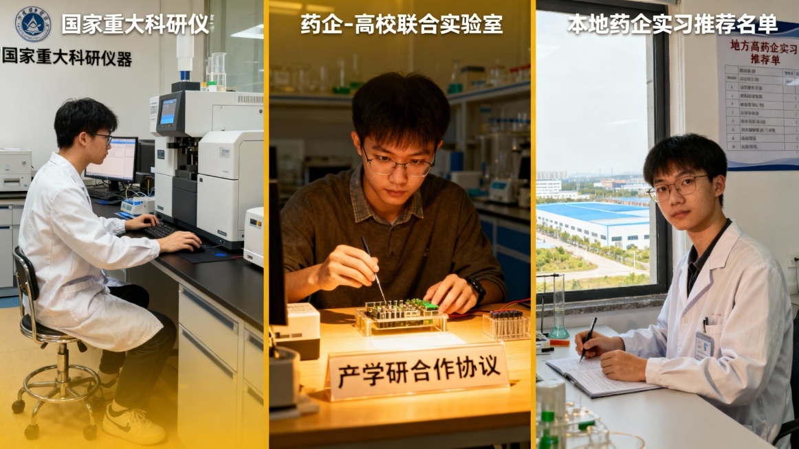 三位学生站在不同高度的科研场景前：
一位在中科院实验室操作质谱仪，背景是“国家重大科研仪器”标识；
一位在药企-高校联合实验室调试微流控芯片，桌上摆着“产学研合作协议”；
一位在地方高校实验室记录数据预览效果