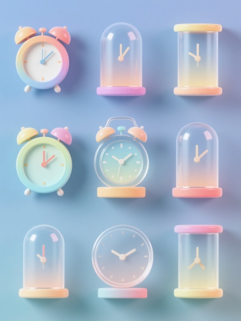3D立体风格，纯色背景，变换整体色彩，画面中包含多个不同造型的时钟元素系列组合，这些时钟元素规整排布，每个时钟都具有玻璃质感的透明主体，搭配渐变色彩的顶部和底部，部分时钟带有指针设计，整体光影柔和，高光表现清晰，阴影细节丰富，保持圆润可爱的造型风格，色彩和谐统一。预览效果