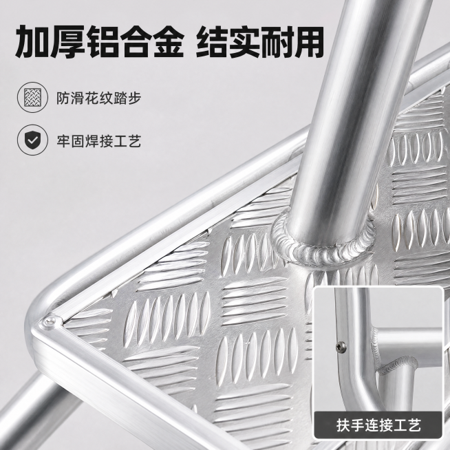 [主图-3] 材质与工艺细节特写
[氛围风格] 硬核材质展示，专业品质感
[画质] 商业摄影微距特写质感，细节清晰锐利
[元素] 保持花纹踏步板和铝合金管材材质颜色与原图一致，主体放大展示踏步板防滑纹预览效果