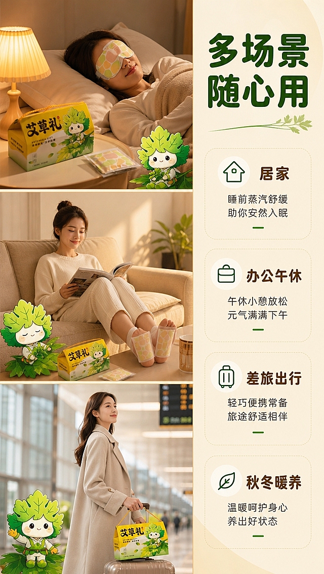 [商品] 本页为场景使用展示页，艾草卡通IP人物形象参考【图1】中的IP造型；蒸汽眼罩与暖足贴产品外观参考【图1】保持一致。
[画面] 9:16竖版场景详情页，目标展示多场景使用；多格小场景构图，3个生活化场景画面呈竖排分布，每格约占画面30%：①上方格：居家睡前佩戴蒸汽眼罩的温馨卧室场景，暖黄床头灯光；②中间格：沙发休息贴上暖足贴的客厅场景，柔和暖光；③下方格：出差旅行手提礼盒出行的车站/酒店场景，明亮自然光；右侧约30%为统一文字竖条区域；艾草卡通IP穿插在每个小场景角落；整体温馨柔和居家暖色调光影，生活化氛围感。
[视觉] 套系策略：风格=新中式养生风商业摄影；标题字=圆润黑体粗体；正文字=简洁无衬线体；主色=清新艾草绿+暖柠黄；背景延展=基于浅米黄色做深浅渐变、同色柔和光晕和细腻纸张质感；强调色=艾草深绿，仅用于小面积图标、引线和标签点缀；标题色=深墨绿；正文色=暖棕灰；组件=圆角浅底信息卡、细线引线、艾草叶装饰元素；光影=各场景独立暖调光影，整体色调统一温暖。
[文字] 右侧文字竖条顶部主标题：多场景随心用（大字号深墨绿，横向排版）；下方分点：居家｜办公午休｜差旅出行｜秋冬暖养（横向排列，暖棕灰色，带小图标）；排版整洁治愈。
[规格] 图片比例9:16竖版，4K超清，高清写实，生活化氛围感，无水印，避免变形、错字、文字过小、场景杂乱、人物面部不清。