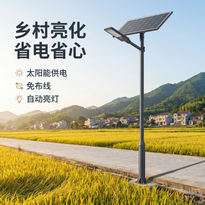 [主图 2] 乡村道路场景中的太阳能路灯展示图。[氛围风格] 自然乡村户外场景，真实接地气风格。[画质] 商业摄影质感，光线柔和自然，产品清晰真实，画面干净高级。[元素] 太阳能路灯立在开阔乡村水泥道预览效果
