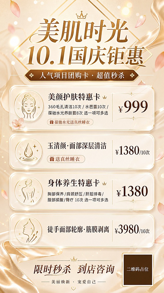 美业美容院国庆活动促销海报，竖版9:16，香槟金轻奢温柔风格。画面顶部居中大标题"美肌时光 10.1国庆钜惠"，副标题"人气项目团购卡 · 超值秒杀"，字体优雅精致，金色与深棕色搭配。背景为香槟米黄渐变，点缀金色几何线条、柔和光斑、丝绸缎带纹理、漂浮花瓣，营造高级轻奢氛围。画面中部为四张圆角卡片纵向排列，分别展示四大卡项：第一张卡片标题"美颜护肤特惠卡"，价格"¥999"，项目内容"360毛孔清洁10次 / 水芭蕾10次 / 葆驰水光养肤套8次 选一项可多选"，小字标注"葆驰水光送真丝睡衣"；第二张卡片标题"玉清颜·面部深层清洁"，价格"¥1380/10次"，小字"送真丝睡衣"；第三张卡片标题"身体养生特惠卡"，价格"¥1380"，项目内容"胸部保养/肩颈舒压/肝胆排毒/腹部揉腹/臀疗 10次 选一项可多选"；第四张卡片标题"徒手面部轮廓·筋膜剥离"，价格"¥3980/10次"。卡片为白色半透明玻璃拟态效果，金色细边框，排版精美层次分明。画面底部有"限时秒杀 到店咨询"行动召唤文字，右下角放置二维码占位符（纯色方块中央标注"二维码占位"文字）。整体画面干净优雅，女性向审美，信息清晰易读，版式精美，2K超高清画质。画面中所有数字必须精确渲染，不得错位、遗漏或编造。画面中所有信息区域、套餐卡片必须填充完整合理的内容，不得出现空白框或待填写区域。