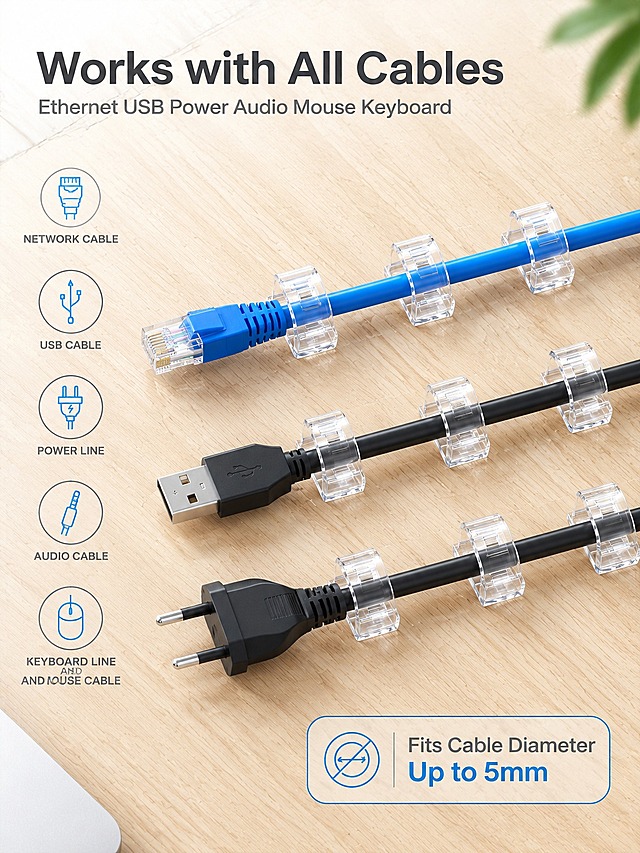 [主图-2] Clear Adhesive Cable Clips 透明自粘理线夹 多线缆兼容场景卖点图。
[统一基调] 极简整洁、通透质感、浅灰+原木家居风；标题字色深灰近黑，辅助字色中灰，强调色清透蓝；字体为无衬线粗体，字号层级分明；卡片与图标采用细线圆角风格。
[画面] 浅原木色桌面场景，俯视45°角度。画面中央横向排列三根不同类型的线缆，从上到下分别是：蓝色网线（RJ45接头）、黑色USB数据线、黑色电源插头线。每根线缆上均匀固定着3个透明理线夹，理线夹卡扣朝上、底座粘贴在桌面上，将线缆整齐固定。线缆排列平行有序，桌面干净整洁。左侧竖排5个圆形细线图标，分别对应：网线图标、USB线图标、电源线图标、音频线图标、鼠标键盘线图标，图标下方有小号英文标注。右下角有一个圆角细线矩形框，内有标题文字。
[光影质感] 家居自然光质感，主光从左上方柔和照射，桌面有轻微木纹反光；透明理线夹有自然高光折射，线缆有真实材质质感；整体光线明亮柔和，阴影浅淡。
[配色] 浅原木色桌面背景，产品为无色透明亚克力，线缆为蓝色与黑色；图标与文字为深灰色，强调色清透蓝用于图标点缀。
[文字版式] 左上角大标题："Works with All Cables"；副标题小号字："Ethernet USB Power Audio Mouse Keyboard"；右下角框内文字："Fits Cable Diameter Up to 5mm"。文字均为无衬线字体，横排左对齐，放在画面负空间，不遮挡产品主体。
[输出要求] 比例3:4，产品清晰，文字清晰可读，场景自然真实；禁止变形、错字、模糊、杂乱、水印、平台Logo、悬浮、穿模。