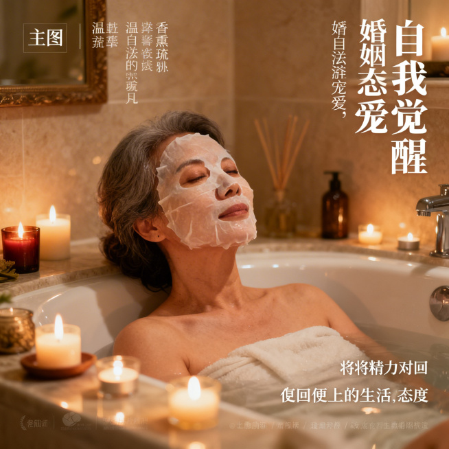 1:1封面主图，主题为#中年女性#自我觉醒 #婚姻感悟，"自我滋养宠爱"角度：画面为中年女性在浴室敷面膜，点缀着香薰蜡烛，氛围温馨松弛，体现宠爱自己，把精力放回自己身上的生活态度预览效果