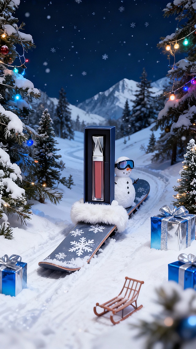 梦幻雪夜圣诞场景，3D微缩艺术风呈现温馨喜庆氛围，塑料质感唇釉置于雪橇之上，搭配玻璃感礼盒与发光彩灯，营造可爱趣味的虚拟现实节日美学。