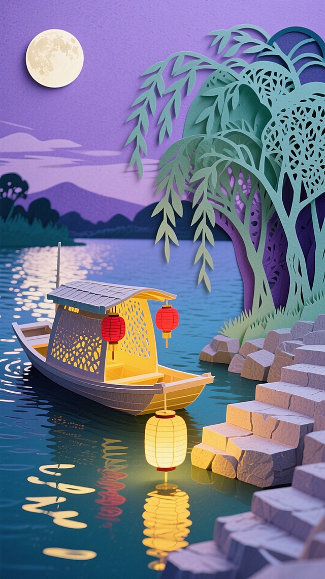 🌙全景纸雕江边夜，渔船灯笼美到冒泡😍