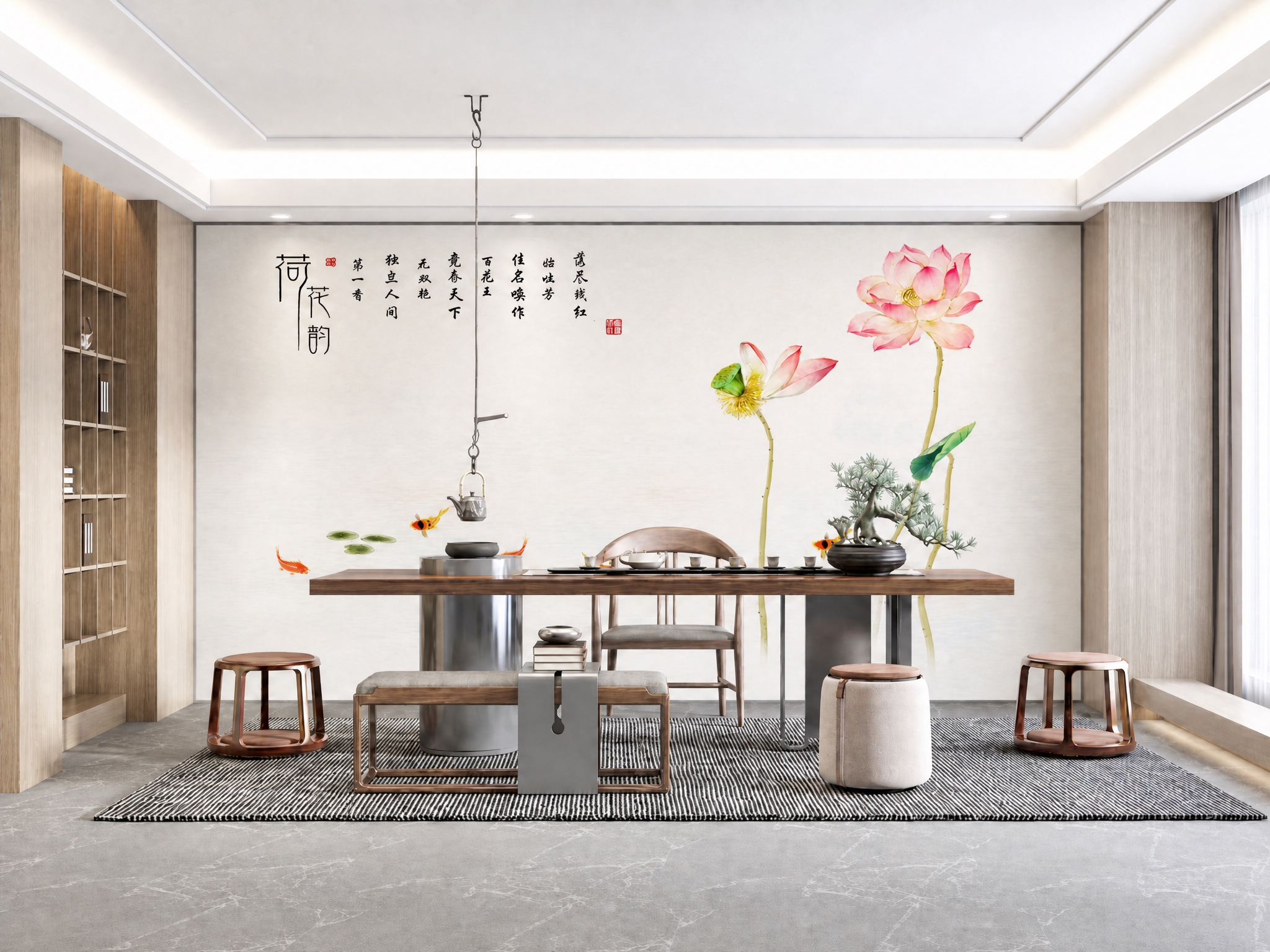 提高这张茶室效果图中背景墙刺绣图案的饱和度，同时整体提高画面亮… - 图片创意预览