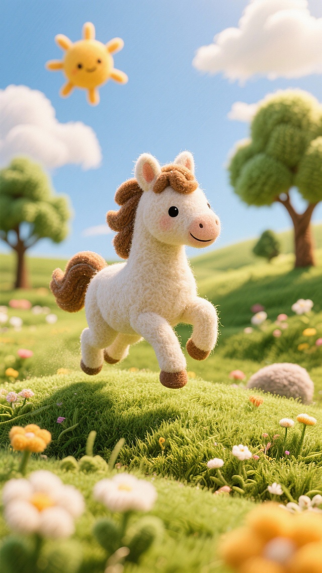 软3D毛毡风小马跃动于花丛，毛发生长质感细腻，卡通梦幻场景洋溢春日清新与可爱治愈感。