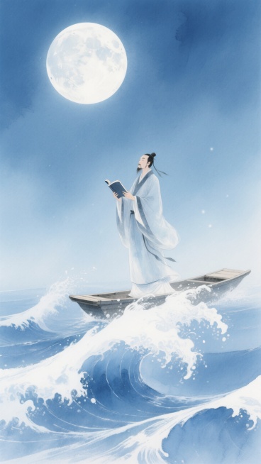 一轮明月悬于天际，一位身着传统长袍的文人手捧书卷立于小舟上，翻涌的巨大浪花，蓝色和白色调为主预览效果