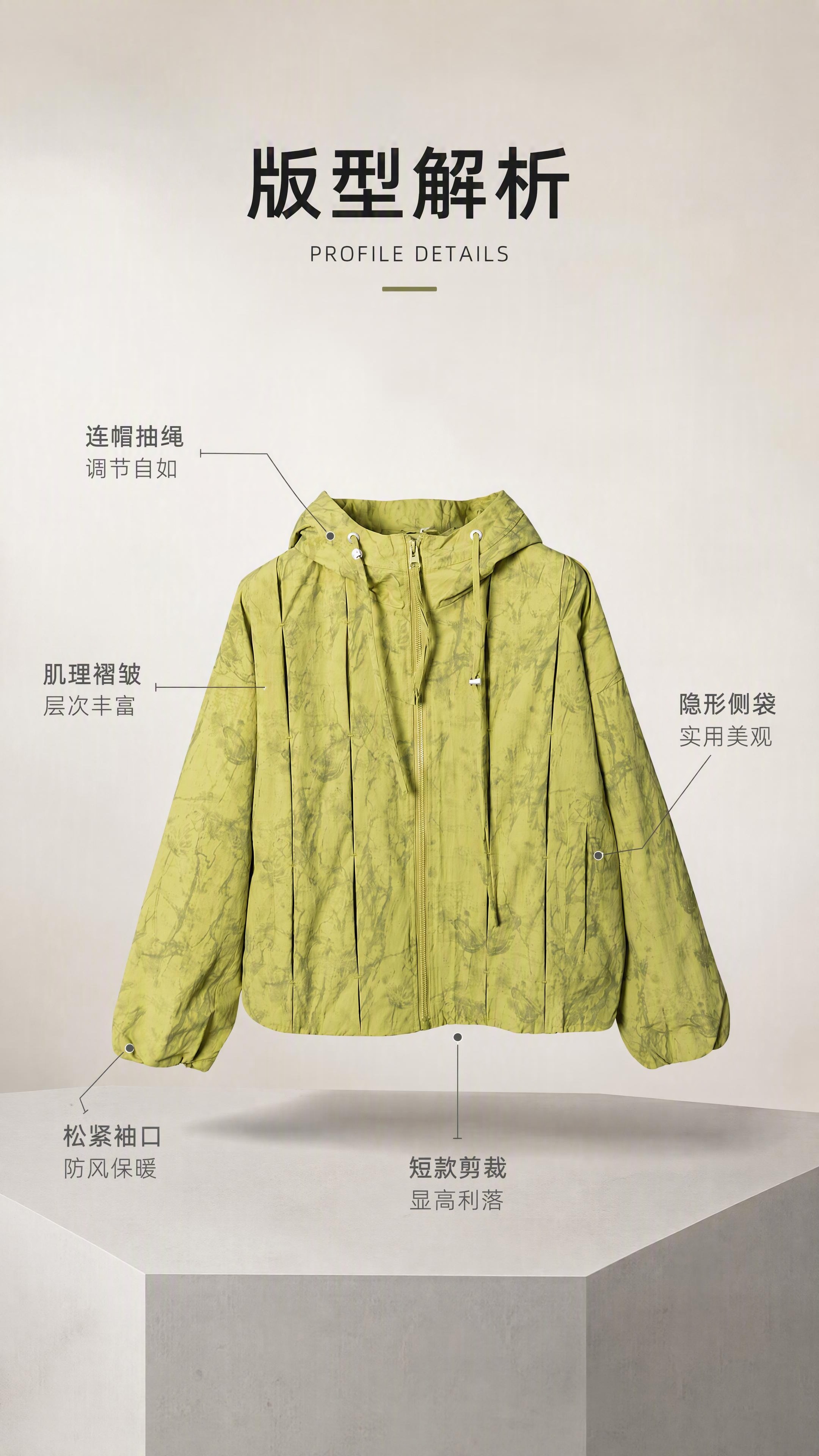 [第3张] 版型解析页-芥末黄扎染连帽短款外套结构卖点标注。本… - 图片创意预览