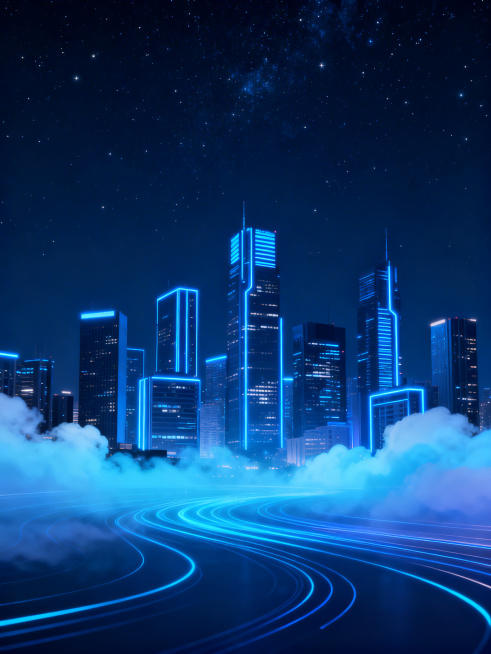 深蓝色科技感夜景背景，去掉所有二进制01数字代码，保留带有蓝色霓虹灯光的现代城市建筑群，底部保留淡蓝色渐变云雾和光效流线，整体科幻商务氛围，深邃星空感预览效果