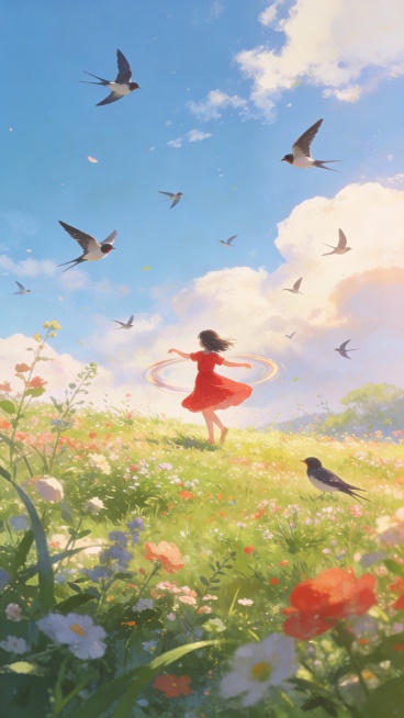 春分，风格3d，c4d，oc渲染，画面层次感丰富。画面蓝天白云，草地有鲜花植物非常的美，蓝天上飞着小燕子，大小不一，有空间感，一个小女孩穿着红裙子，站在草地上。转圈起舞，画面看起来很梦幻预览效果