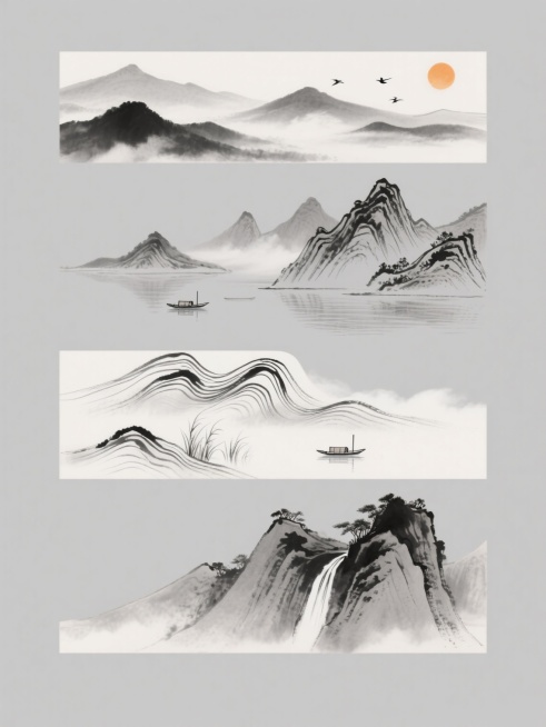 中国传统水墨画风格，以纯灰色为背景，四个完全不同造型的远山元素规整排布组成系列素材集合。第一幅远山：层叠起伏的平缓山峦，山间云雾缭绕，几只飞鸟点缀其间，右上角一轮橙黄色的太阳增添意境；第二幅远山：线条勾勒细腻的险峻山峰，山脚下有几艘小船和芦苇，水面平静如镜；第三幅远山：采用波浪状线条描绘的奇特山峦，形态飘逸灵动，仿佛在云雾中舞动；第四幅远山：棱角分明的陡峭山峰，山顶覆盖着些许植被，山间有瀑布飞……预览效果