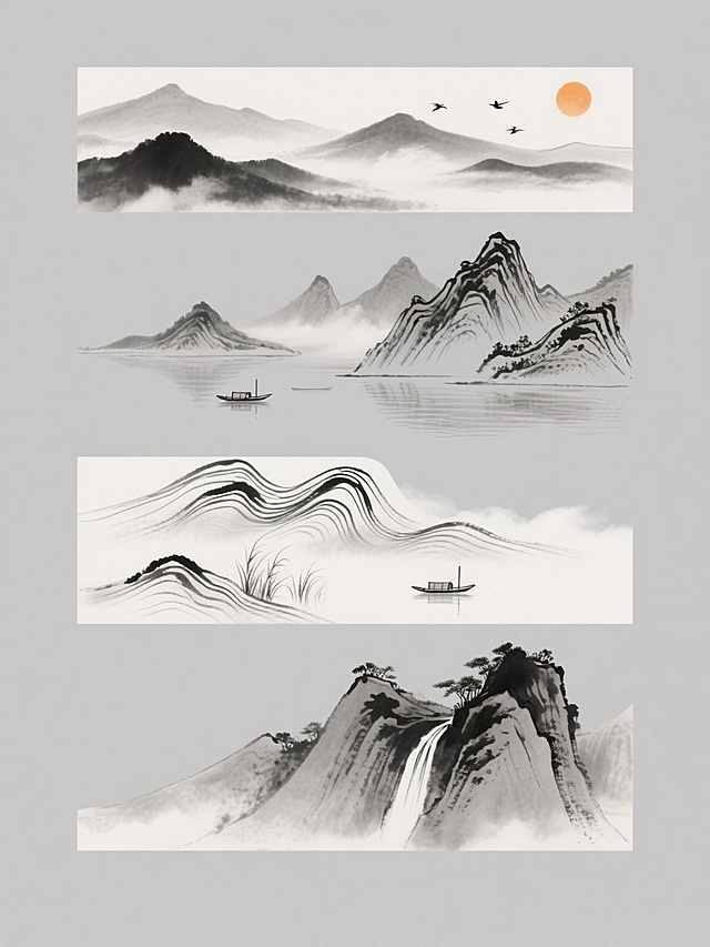 中国传统水墨画风格，以纯灰色为背景，四个完全不同造型的远山元素规整排布组成系列素材集合。第一幅远山：层叠起伏的平缓山峦，山间云雾缭绕，几只飞鸟点缀其间，右上角一轮橙黄色的太阳增添意境；第二幅远山：线条勾勒细腻的险峻山峰，山脚下有几艘小船和芦苇，水面平静如镜；第三幅远山：采用波浪状线条描绘的奇特山峦，形态飘逸灵动，仿佛在云雾中舞动；第四幅远山：棱角分明的陡峭山峰，山顶覆盖着些许植被，山间有瀑布飞流直下，整体画面营造出宁静悠远、空灵淡雅的东方意境，水墨晕染效果自然，黑白灰层次分明，保持传统水墨画的笔触质感和留白艺术。