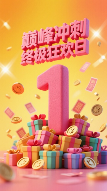 粘土材质的玫红色数字 “1”，顶部设置 “巅峰冲刺 终极狂欢日” 玫红色立体文字，底部堆满礼盒；背景采用亮黄橙渐变，融入炫光，点缀金币、优惠券等元素，整体营造紧迫的促销倒计时氛围预览效果