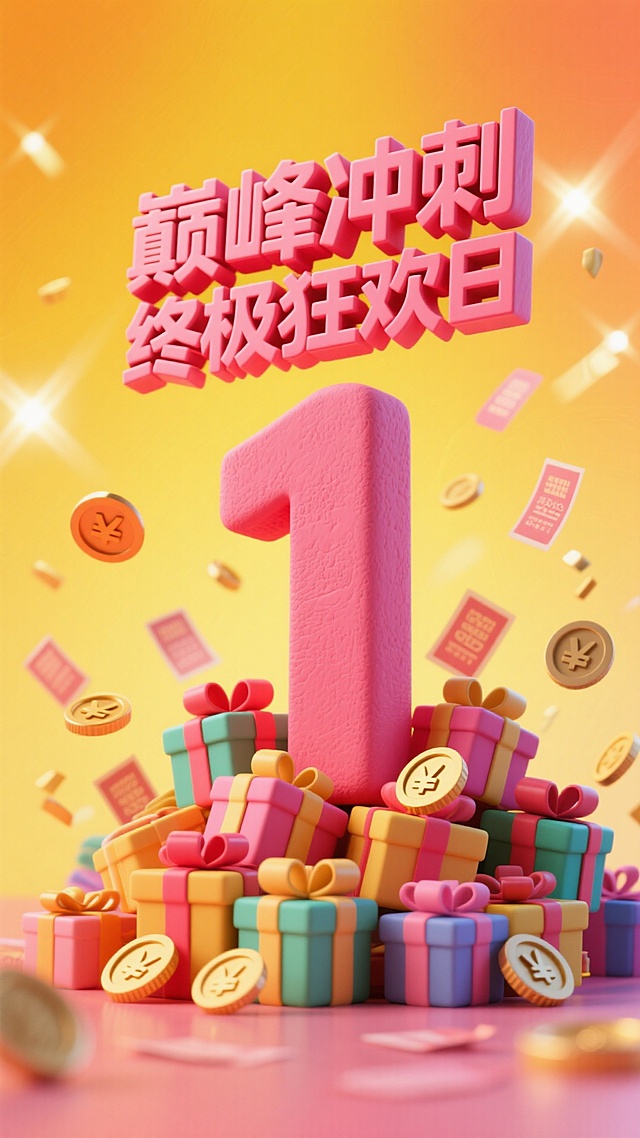 软3D粘土风设计，粉色巨“1”矗立礼盒堆中，金币红包纷飞，波普色彩碰撞，营造梦幻喜庆促销氛围。