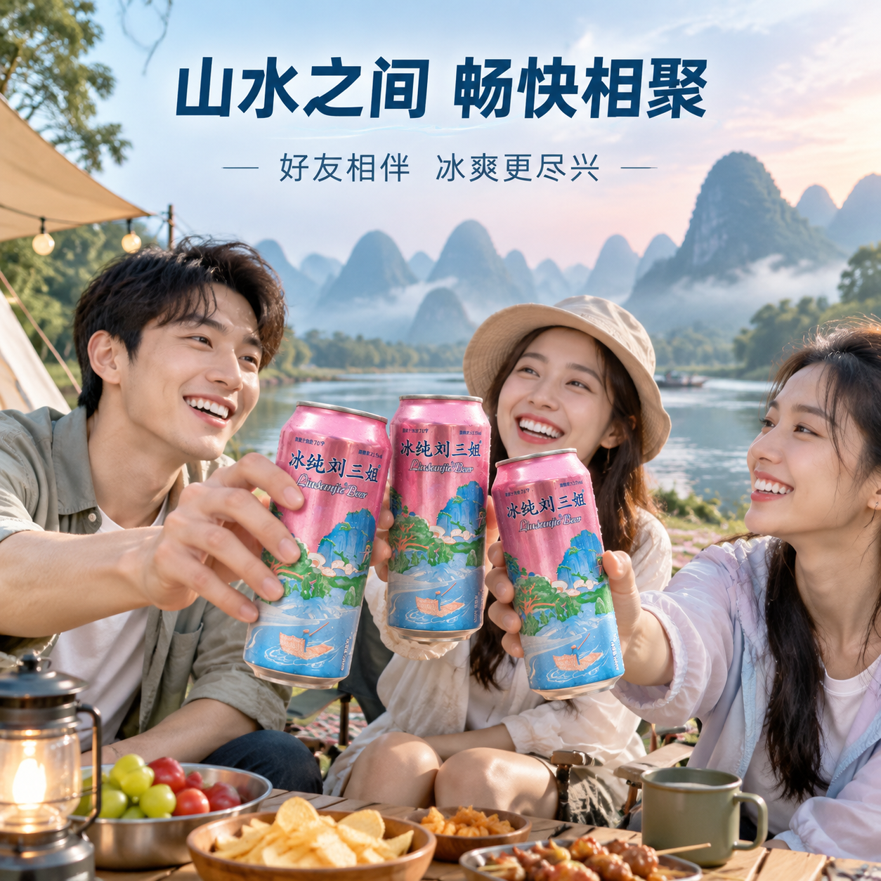 [主图-4] 主题：真实场景与分享体验，亚洲年轻人山水间畅饮。… - 图片创意预览