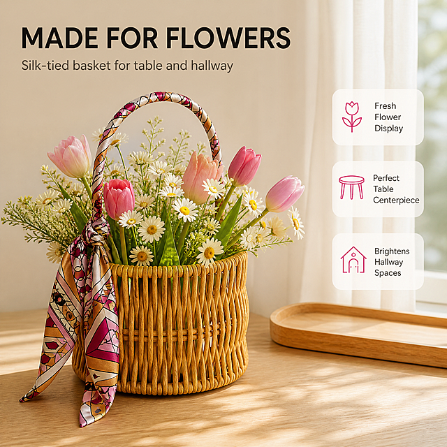 [主图-4] Round PP Rattan Storage Basket with Silk Scarf Handle Wrap 真实使用场景图，唯一任务是展示它作为花器与桌景的实际效果。
[统一基调] 整体为干净温暖的自然家居风亚马逊信息图；背景主色暖象牙白 #F7F4EF 搭配浅橡木色台面；标题字色深炭黑 #262626；辅助字色暖灰 #6B6459；强调色暖玫红 #B23A5E，呼应丝巾印花；全套只用一种几何无衬线字体外观，标题最粗最大，辅助文案字号缩小一半以上；组件只用暖玫红细线图标、圆角半透明浅底标注框与轻微柔和阴影，不使用厚重色块、大面积通栏和装饰边框。
[画面] 窗边浅橡木餐桌或玄关台面，产品放在画面中央偏左，占画面约 55%，提手用丝巾单侧打结系好、尾端自然垂落；篮内插着一束新鲜花束，以郁金香与小雏菊为主，花茎直接与篮身接触、摆放自然稳定不悬浮；背景是暖色墙面、纱帘与一只原木托盘，空间干净不杂乱；除花束外不放其他道具。
[光影质感] 清晨侧窗自然光从右侧进入，花束在台面投下柔和光影，藤条受光立体，背景景深自然虚化，真实家居摄影质感。
[配色] 沿用当前组统一视觉的暖象牙白与浅木色作环境色，丝巾印花与花色作为唯一的彩色点缀，不出现冷色工业空间。
[文字版式] 主标题横排 "MADE FOR FLOWERS"；辅助文案 "Silk-tied basket for table and hallway"，字号缩小一半以上；文字无逗号，不遮挡产品与花束。
[输出要求] 1:1；花束与篮子比例自然、产品清晰、文字清晰。
[负向] 变形、圆形变椭圆、花朵畸形或糊成团、丝巾消失或穿模、错字、中文、水印、平台 Logo、食物放在篮内、产品悬浮、杂乱堆砌道具。