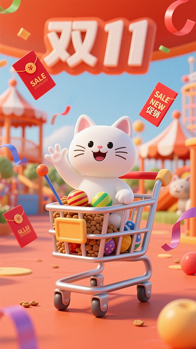 一个白色小猫开心的坐在购物车向观众挥手，购物车里面是猫粮、玩具球、逗猫棒等各类宠物用品，四周漂浮彩带、红包，点缀红色优惠券，上面是“SALE” 标签、“NEW”“促销” ，背景为游乐园，带有“双11“字样，纵深感，橙红色配色