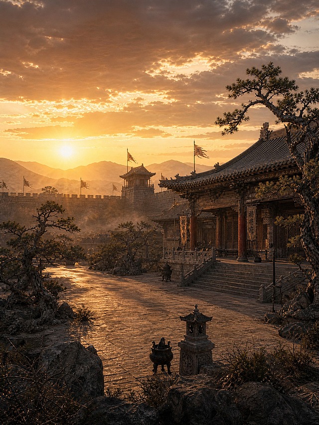 影视感真实场景照片，黄昏时分的西北古代将军府全景。远景是绵延的城墙和角楼，城墙上旌旗飘扬，城墙距离院落厅堂较远，拉开空间层次。中景是宽敞的将军府庭院，北方宋元风格的厅堂建筑宏伟气派，厚墙重瓦、斗拱粗大，石阶宽阔，庭院地面铺大块青石板，空间开阔可容府兵演练。庭院内有几棵苍劲的古松和槐树，枝干虬劲，配北方怪石与耐旱灌木，朴素威严无过度装饰。近景有石灯、铜鼎等细节点缀。远处背景是连绵的黄土山脉，夕阳西下，暖金色阳光斜照，空气中弥漫着淡淡的沙尘雾气，营造苍茫厚重的西北边塞氛围。电影级构图，广角大场景，景深层次丰富，光影真实细腻，史诗感。