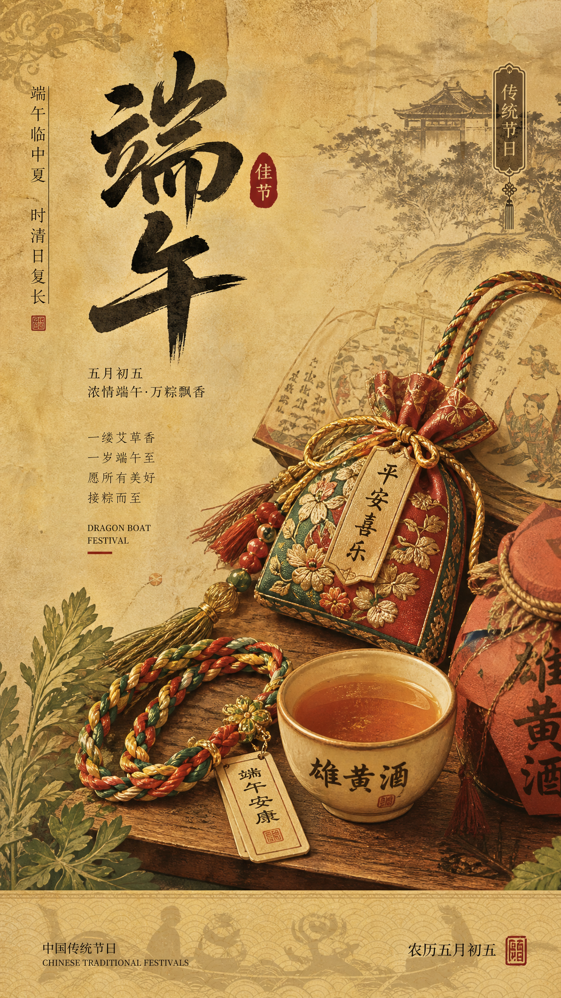 端午节1080×1920竖版海报，复古民俗风，带宣纸纹理，融入… - 图片创意预览