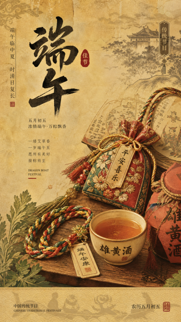 端午节1080×1920竖版海报，复古民俗风，带宣纸纹理，融入传统纹样，画面包含香囊、五彩绳、雄黄酒元素，采用暖黄复古色调，营造怀旧氛围感，带有肌理质感预览效果