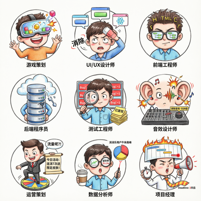 9张完全不重复的搞笑不同职业头像，围绕抖音消消乐小游戏开发相关，风格幽默卡通，每张对应不同开发相关职业，和之前两次生成的内容均不重复预览效果