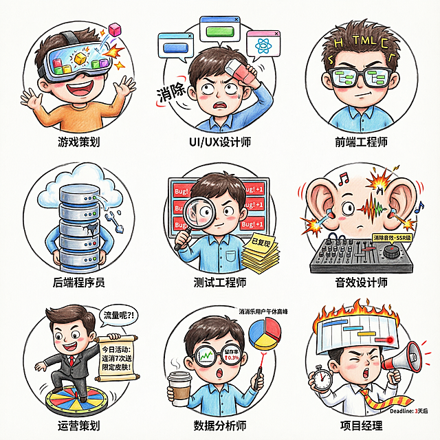 9张完全不重复的搞笑不同职业头像，围绕抖音消消乐小游戏开发相关，风格幽默卡通，每张对应不同开发相关职业，和之前两次生成的内容均不重复