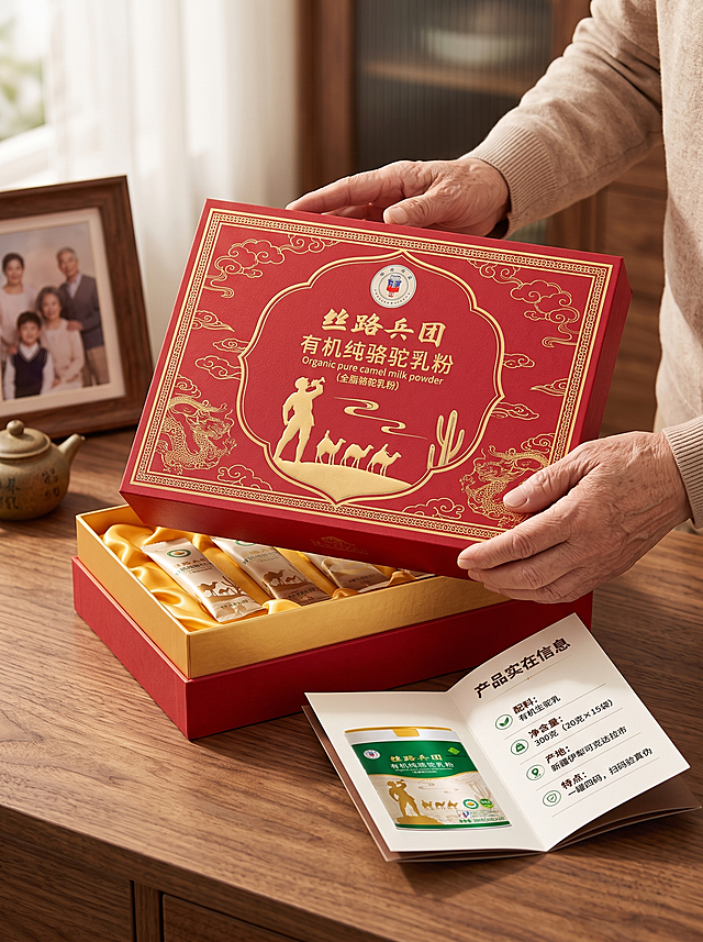 A premium gift box of camel milk powder on a wooden table, elegant Chinese-style packaging with gold and red colors, soft natural window light, a pair of elderly parents' hands gently holding the box, warm and emotional atmosphere, bokeh background with family photo frame, high-end product photography, 8k, ultra detailed, aspect ratio 3:4