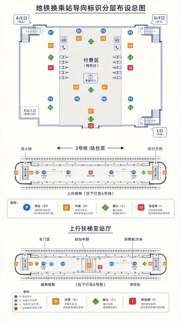 将三张图垂直拼接整合为一张完整的地铁站导向标识布设总图，从上到下依次为：站厅层示意图、3号线站台层示意图、6号线站台层示意图，保持每张图原有标注、颜色、图例和结构完全不变，统一整体标题为"地铁换乘站导预览效果
