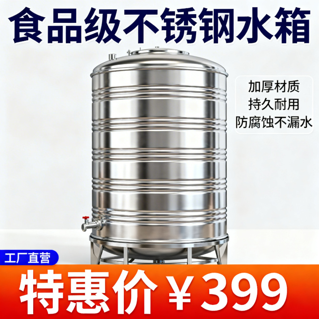 淘宝电商促销广告图，主视觉是一个通体亮银色的不锈钢水箱，水箱表面有细腻的金属拉丝纹理，显得坚固有质感。画面顶部用加粗深蓝色字体写"食品级不锈钢水箱"，水箱右侧标注"加厚材质""持久耐用""防腐蚀不漏水预览效果
