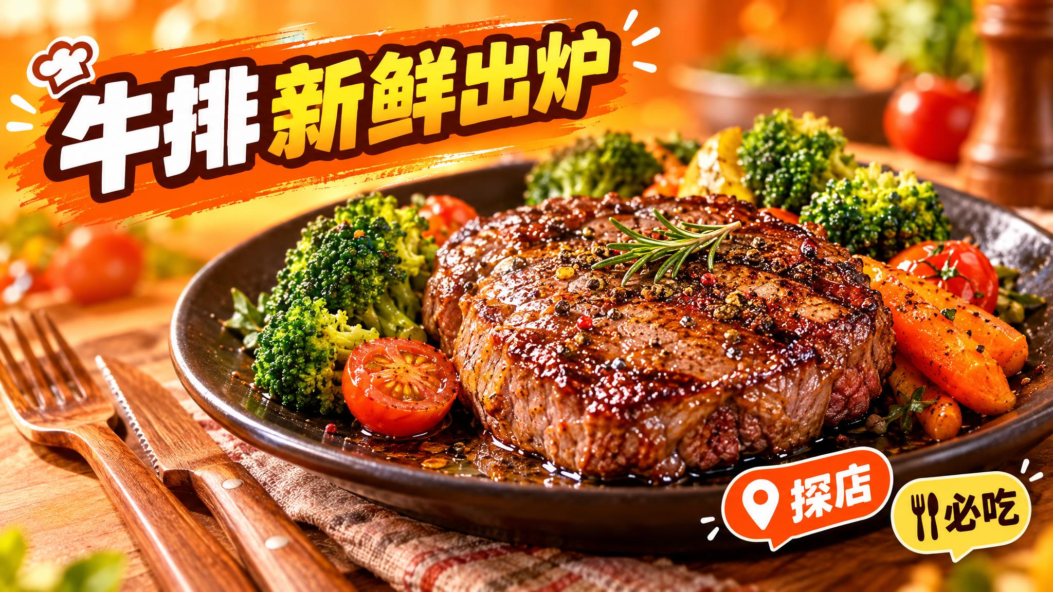 活力美食风格，暖橙色背景，画面中心是一盘色泽诱人的牛排，牛排表… - 图片创意预览