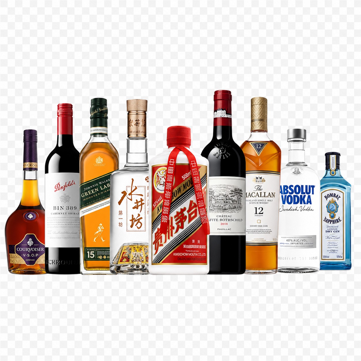 参考图中多种名酒整齐排列的产品展示风格，重新生成一组不同的中外… - 图片创意预览