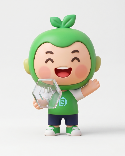 设计第九个不同造型的以绿色为主体的电池人IP形象吉祥物，可爱卡通3D风格，参考原图的风格预览效果