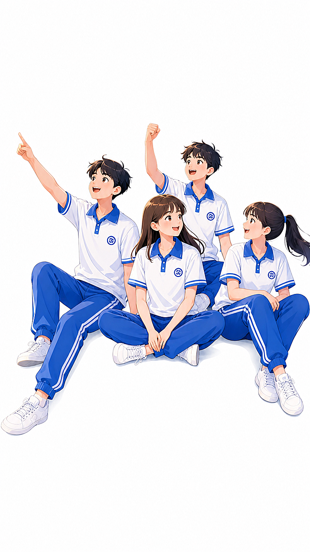 参考图片人物形象和风格，保留图中四位学生，四位人物都穿着蓝白夏季校服，删除书本和原背景，仅保留人物主体，保持干净简约的画面，漫画风格，色彩清新