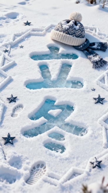 俯视视角，画面主视觉是雪地中的 “立冬”文字（字体圆润可爱），文字部分像被踩踏，露出淡蓝色冰面。雪质细腻带自然纹理，装饰帽子、围巾、足迹，搭配雪堆成的几何线条、星星元素作为边框。预览效果