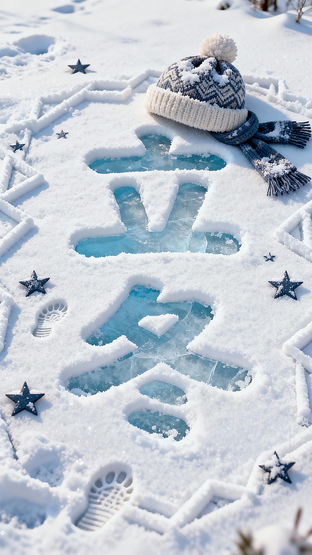 俯视视角，画面主视觉是雪地中的 “立冬”文字（字体圆润可爱），文字部分像被踩踏，露出淡蓝色冰面。雪质细腻带自然纹理，装饰帽子、围巾、足迹，搭配雪堆成的几何线条、星星元素作为边框。