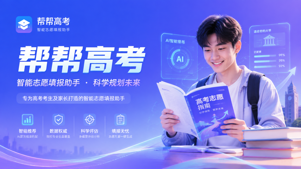 banner图设计，软件名称是"帮帮高考"，一款专为高考考生及家长打造的智能志愿填报助手，背景采用青春活力的蓝紫色渐变风格，搭配高考学生微笑翻开志愿指南的场景，突出科技智能感，简洁大气，主标题醒目。预览效果