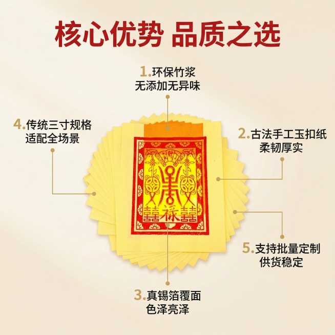 [主图 2] 核心卖点多亮点展示
[氛围/风格] 专业清晰，突出产品优势，高端品质感
[画面元素] 保留原寿金纸产品主体，产品居中展示，四周用细引线标注核心卖点，每个卖点对应产品部位，整体干净整洁，背预览效果