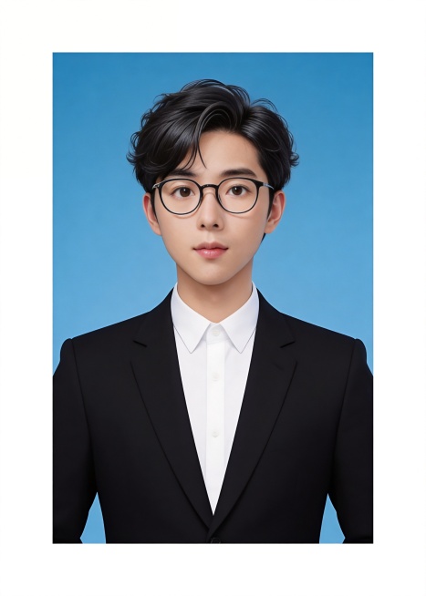 保留第一张图中人物发型､脸型､年龄特征生成标准样式纯正面证件照;人物主体严格居中,头部大小与位置严格对齐第二张图,双肩水平平衡,面部中轴线对齐画面中心,正视前方;标准证件照构图,人物绝对居中;头顶上方预览效果