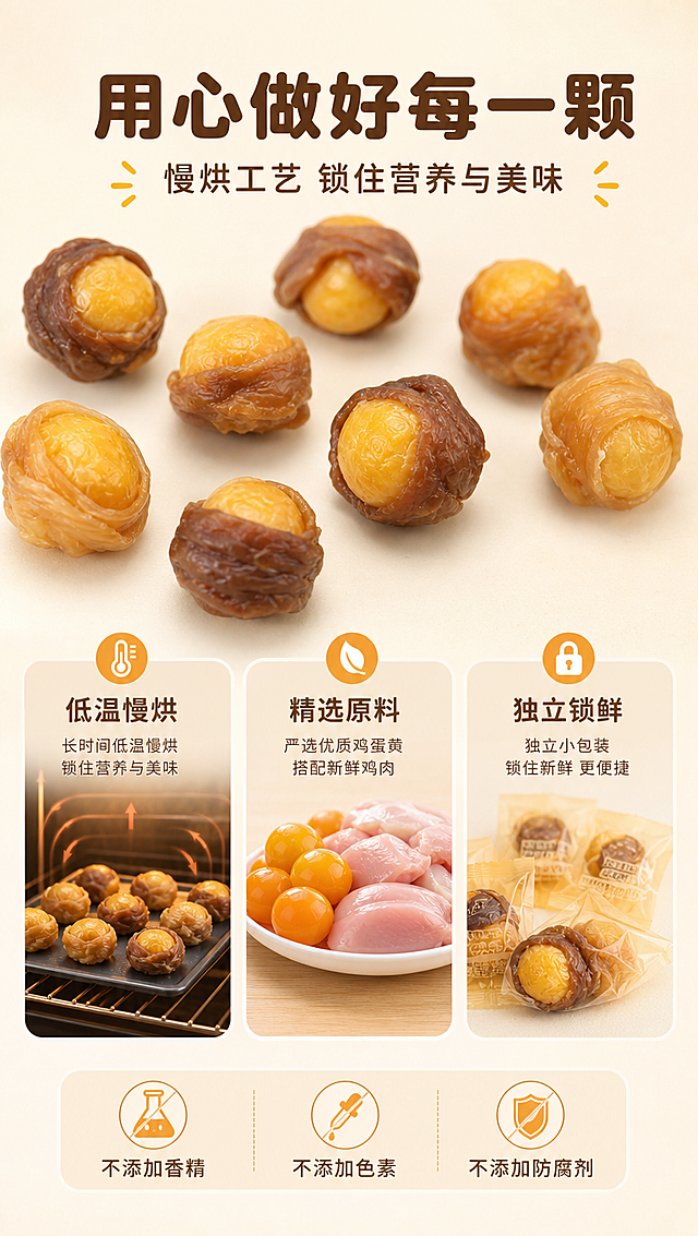 [商品] 使用【图1】肉绕蛋黄宠物零食，展示产品细节与包装质感；保留产品结构、颜色、纹理不变。
[画面] 目标：工艺与品控页，三大品质保障建立信任。构图：上标题+中部三图横排工艺步骤+底部品质承诺。主体位置：产品与工艺示意元素占画面约60%，文字信息约40%。摆放角度：顶部散落几颗完整肉绕蛋黄，中部三张小图横向展示：慢烘工艺示意、原料筛选示意、独立包装示意。景别：中景+小图组合，层次丰富。阅读动线：上标题→中三步骤图→下品质承诺。前中后景：前景产品、中景工艺小图卡片、后景浅米白渐变背景。场景：品质感展示页，简约专业。
[视觉] 套系策略：风格=清新简约治愈系商业摄影，浅色系干净背景；标题字=圆润无衬线粗体（思源黑体Heavy类），亲切可爱；正文字=简洁无衬线体（思源黑体Regular类），清晰易读；主色=浅米杏+奶黄；背景延展=基于浅米杏做同色渐变、细腻纸张/哑光质感；强调色=暖橙黄，仅用于小面积图标、引线、标签点缀；标题色=深暖棕；正文色=中暖灰；组件=圆角浅底信息卡、细线引线、小圆形icon；光影=左前侧柔和自然光，阴影淡而柔和，整体明亮通透。
[文字] 主标题：用心做好每一颗（7字，顶部居中大字号）；副标题：慢烘工艺 锁住营养与美味（12字，主标题下方）；中部三图各配标签：低温慢烘、精选原料、独立锁鲜；底部品质承诺短句：不添加香精 · 不添加色素 · 不添加防腐剂。所有文字横排。
[规格] 图片比例9:16竖版，4K分辨率，负向提示：避免变形、错字、文字过小、冷蓝/蓝灰背景、虚假工艺承诺、绝对化用语、医疗化表述。