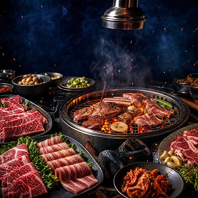 为自助烤肉店设计一张背景图，深蓝色主色调，画面中融入炭火烤肉、新鲜牛肉五花肉食材、烤盘等元素，营造烟火气十足的烤肉氛围，画面风格大气有食欲，适合作为自助烤肉店的背景装饰使用，画面中不要出现任何文字