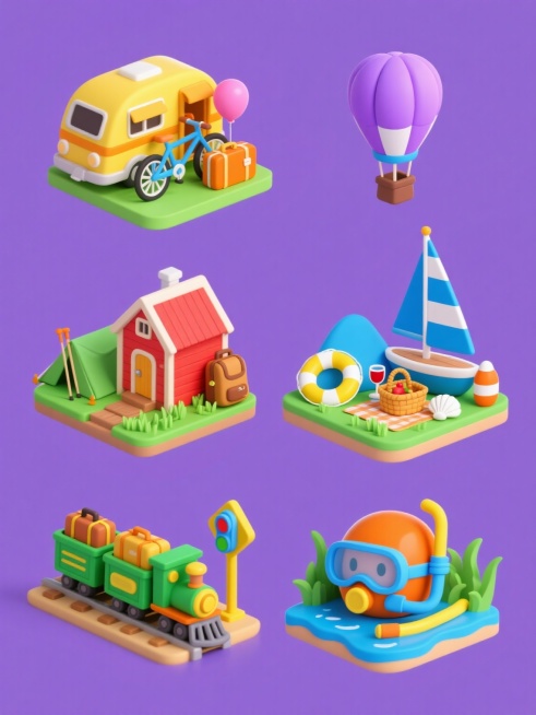 6个不同旅游主题的Q版3D立体剪纸风格场景，每个场景独立排列，纯色背景，整体色彩统一变换，保持圆润卡通造型和明亮色彩。第一个场景：黄色露营车配蓝色自行车、橙色行李箱和粉色气球；第二个场景：红色小木屋旁有登山杖、绿色帐篷和棕色背包；第三个场景：蓝色帆船周围有黄色救生圈、白色贝壳和橙色浮标；第四个场景：紫色热气球下方有棕色野餐篮、红色葡萄酒杯和绿色草地；第五个场景：绿色火车头牵引着装载行李箱的车厢……预览效果