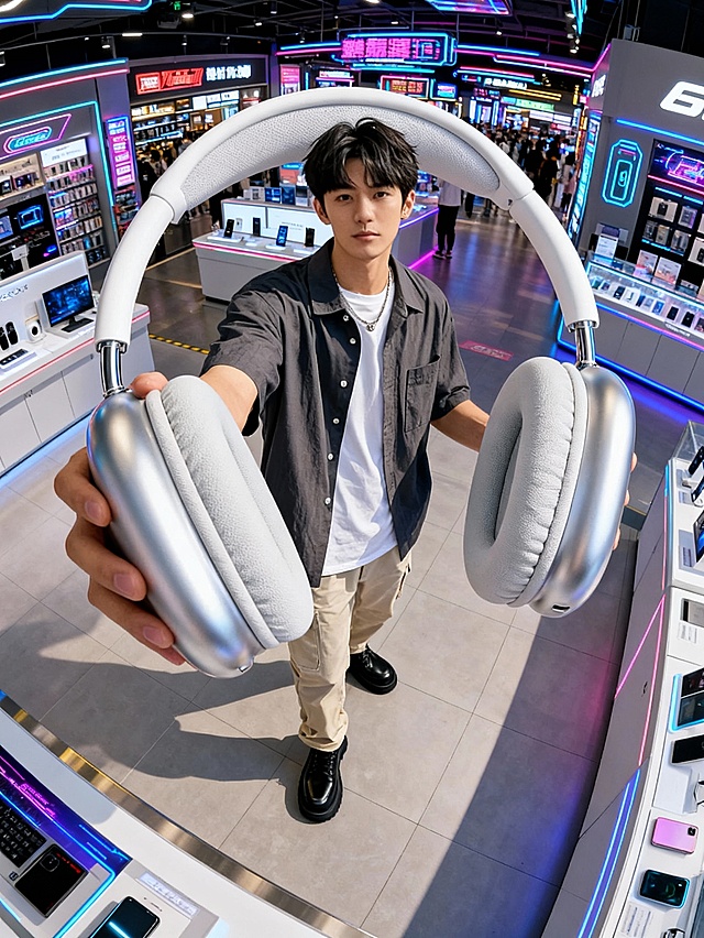 赛博朋克风科技感场景，霓虹灯与金属质感交织，潮流青年手持未来感耳机，展现数字时代先锋美学。