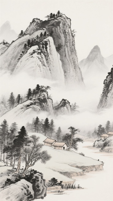 中国传统水墨画风格的山水背景，以黑白灰三色为主色调，采用高远构图法，画面上部为巍峨挺拔的主峰，山石轮廓以苍劲有力的线条勾勒，运用披麻皴技法表现岩石纹理，山顶点缀稀疏墨色杂树；中景云雾缭绕，以淡墨渲染出朦胧层次感，几座次峰错落分布，山腰处可见茂密松林；近景为平缓坡地，点缀几间古朴茅舍，周围环绕形态各异的杂树，笔法细腻，墨色浓淡干湿变化丰富，整体营造出宁静悠远、意境空灵的山水意境，留白充足，气韵生动。预览效果