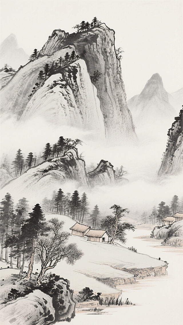 中国传统水墨画风格的山水背景，以黑白灰三色为主色调，采用高远构图法，画面上部为巍峨挺拔的主峰，山石轮廓以苍劲有力的线条勾勒，运用披麻皴技法表现岩石纹理，山顶点缀稀疏墨色杂树；中景云雾缭绕，以淡墨渲染出朦胧层次感，几座次峰错落分布，山腰处可见茂密松林；近景为平缓坡地，点缀几间古朴茅舍，周围环绕形态各异的杂树，笔法细腻，墨色浓淡干湿变化丰富，整体营造出宁静悠远、意境空灵的山水意境，留白充足，气韵生动。